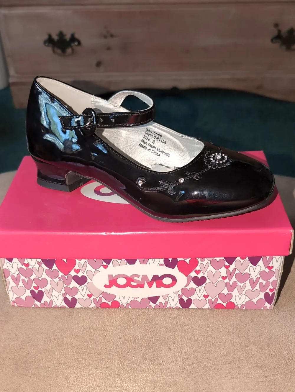 Josmo Black Patent Mary Jane with Floral Accent